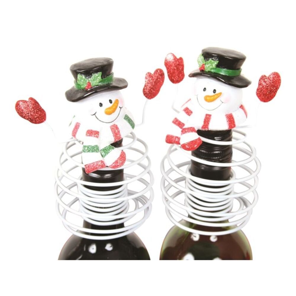 Whimsical White Snowman Springing Metal Bottle Toppers Set of 2 Dennis East
